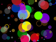 Snap! drawing in the style of Kandinsky: overlapping circles of various colors on a black background; some circles are filled in with a solid color, some are filled in with a translucent color, others are just the outline of a circle with various outline thickness